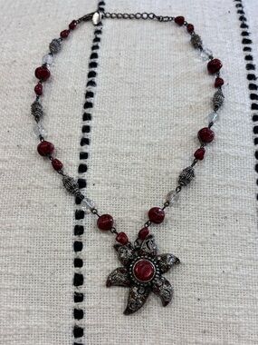 Seasonal Whispers Red Flower Pendant Necklace Gunmetal Beaded Statement Necklace